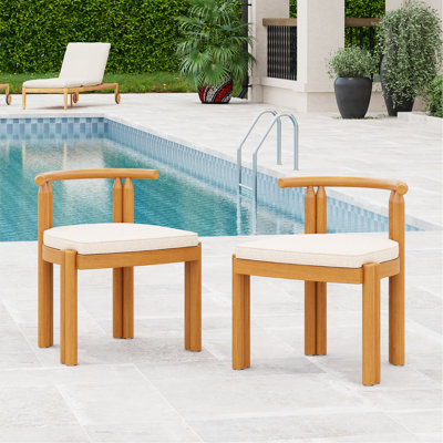 Acacia Wood Armless Dining Chair, Teak Finish With Beige Cushion, Set Of 2