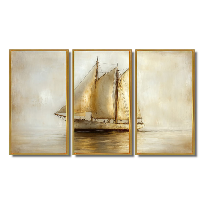 Ensemble de décorations murales bateau à voile blanc Aegean Greek Trireme, Toile avec cadre flottant or
