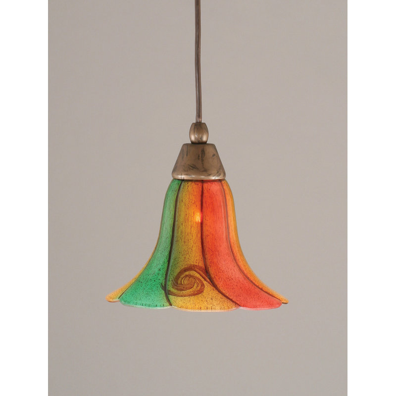 Cord Hung Mini Pendant Shown In Black Copper Finish With 10" Amber Crystal Glass, Bronze, 7" W, Gold Ice Glass