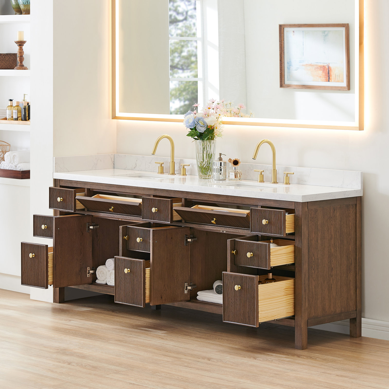 Lala 84" Double Bathroom Vanity, Brown Brushed Oak