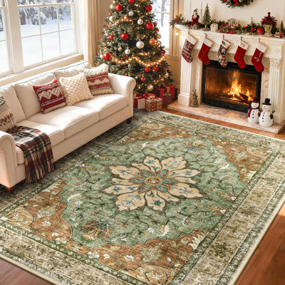 Area Rugs 8'X10' Washable Non-Slip, Floral Vintage Distress Print Pattern Medallion Carpet For Living Room Bedroom Dining Room, Brick Red Rust Neutral Brown Burnt Orange Green