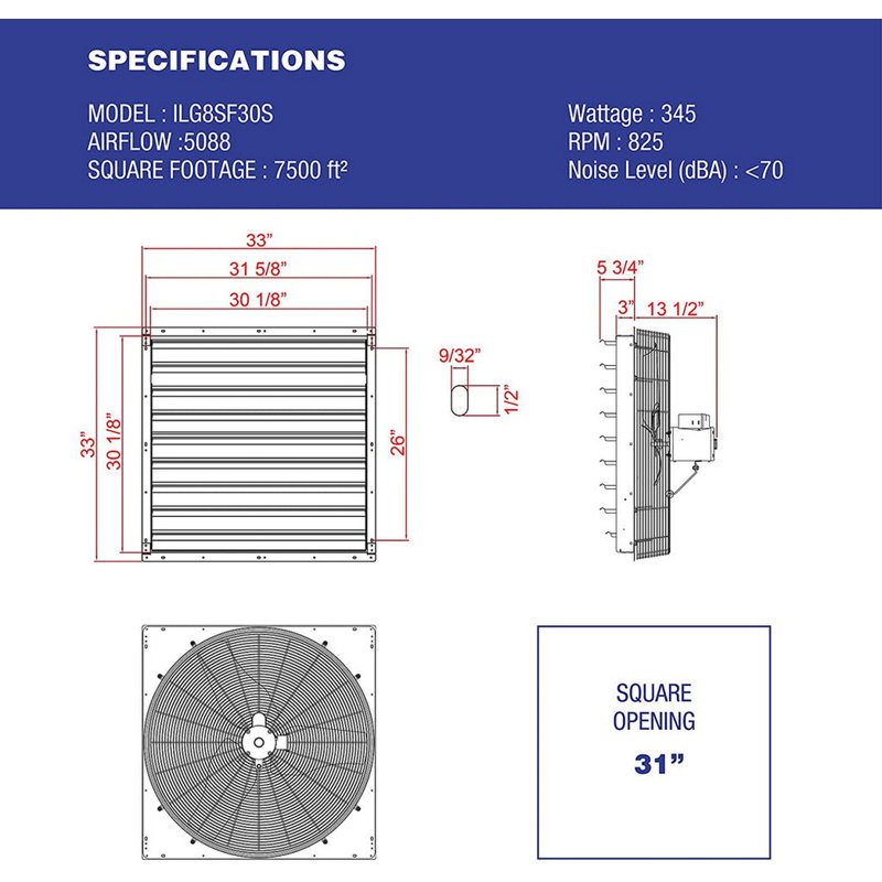 iLIVING ILG8SF30S - 30" Wall Mounted Shutter Exhaust Fan - Automatic Shutter - Single Speed - Vent Fan For Home Attic, Shed, or Garage Ventilation, 5088 CFM, 7500 SQF Coverage Area, Silver