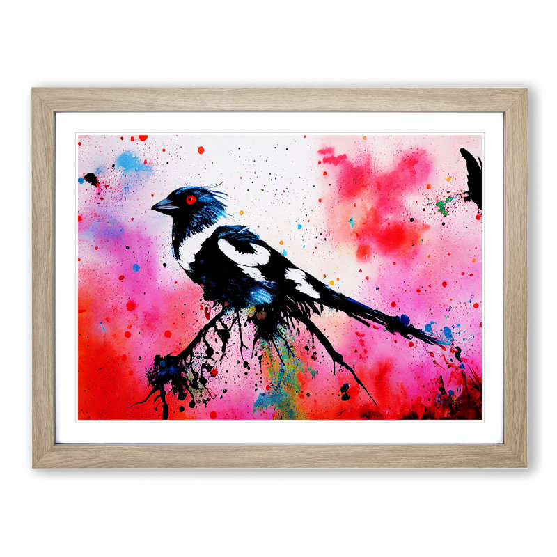 Magpie Bird Splash Vol.3 Abstract 1 Piece Single Picture Frame Painting, 25cm H x 34cm W x 2cm D, Oak