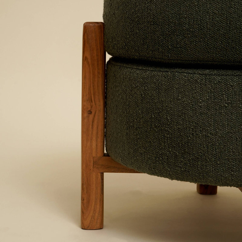 Modern Boucle Upholstered Ottoman | Wooden Base