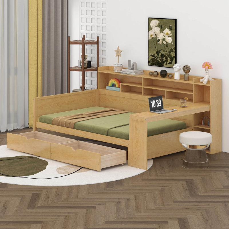 Tiaisha Full Size Multi-functional Bed with Two Storage Drawers and Study Desk, Natural