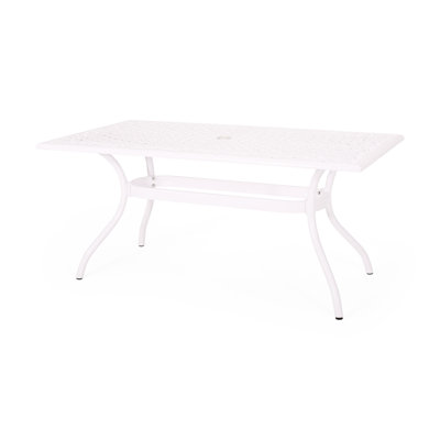 Rectangular Table For Outdoor - Cast Aluminum, Floral Glamorous Ornament, Umbrella Holder, 68.77" W X 37.5" D 31" H, White Aluminum Tabletop,