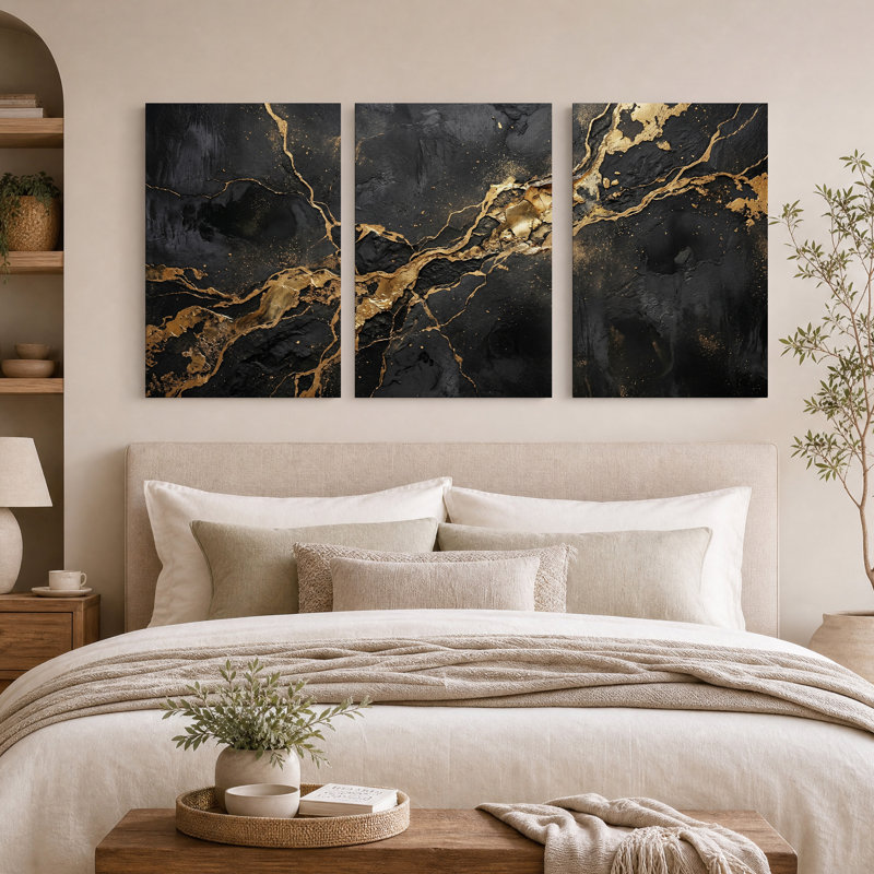 Abstrait art texturé sur toile marbré noir et doré, H 30 po x l 20 po x 3 pièces