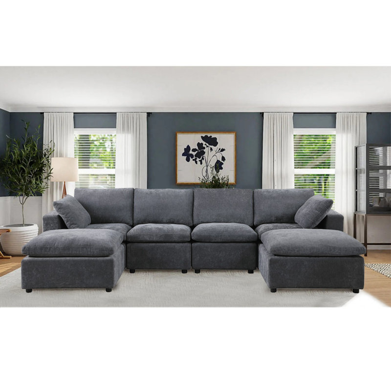 Modern Module U-Shaped Sectional Sofa With Two Ottoman,6-Seat Sofa,Customizable Modular Couch, Chenille, Beige Chenille