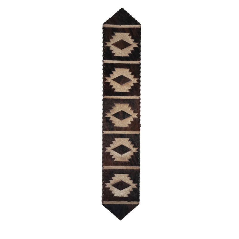 Dark Southwestern Cowhide Table Runner, 96" L x 12" D, Brown/Cream