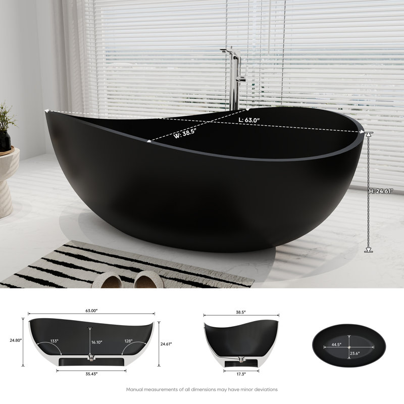 63'' x 38'' Soaking Solid Surface Bathtub, Matte Black