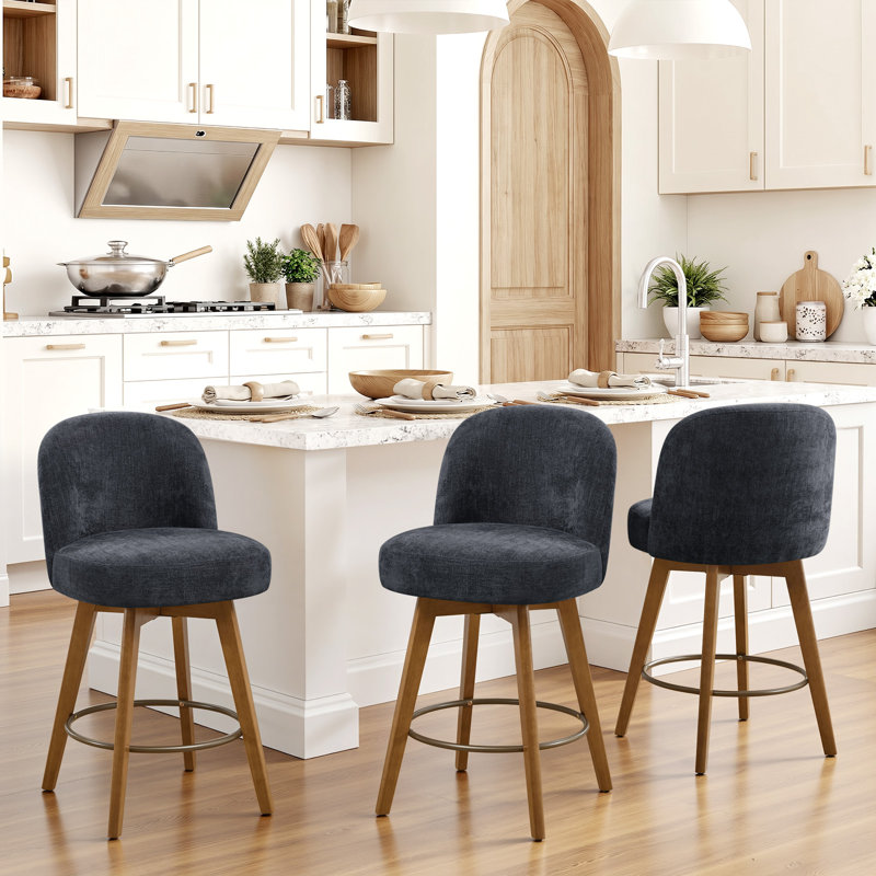 26" Mid Century Modern Counter Height Bar Stools Set of 3, 360° Swivel Barstools with Solid Wood Legs, Island Chairs with Backrest