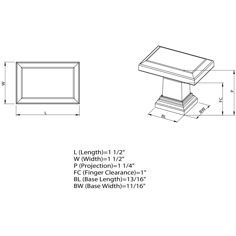 1 1/2" Length Rectangle Knob, Matte Black