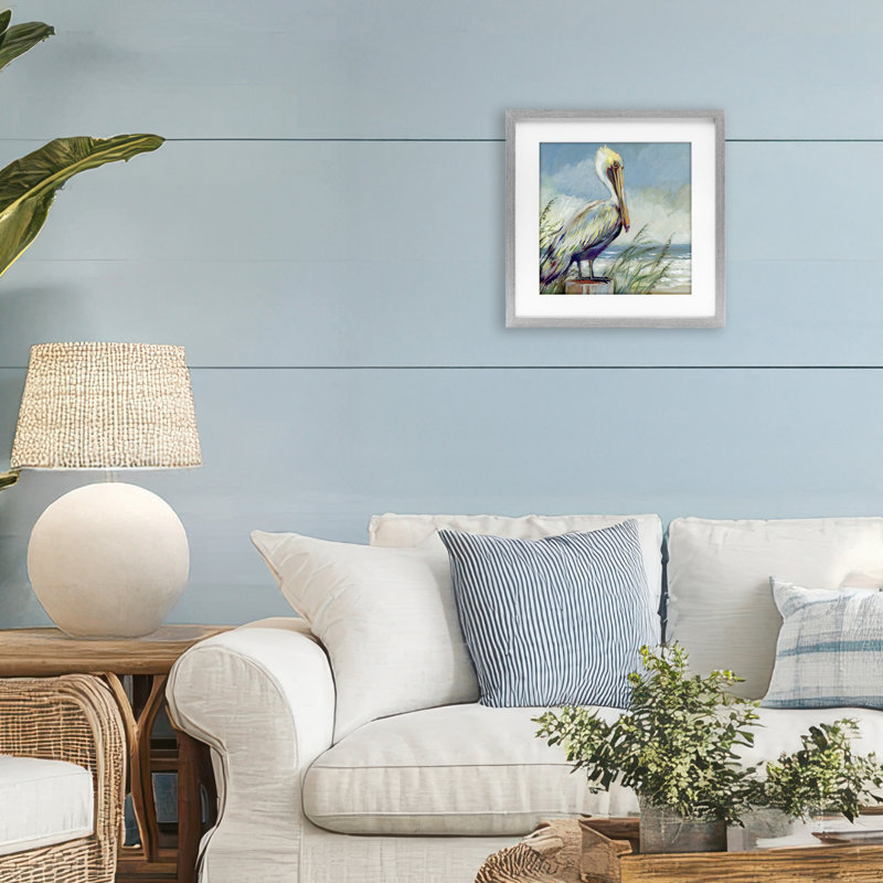 «Coastal Pelican Perch», reproduction sous verre encadrée, conception de Susan Winget, Cadre de ferme gris, H 13 po x l 13 po