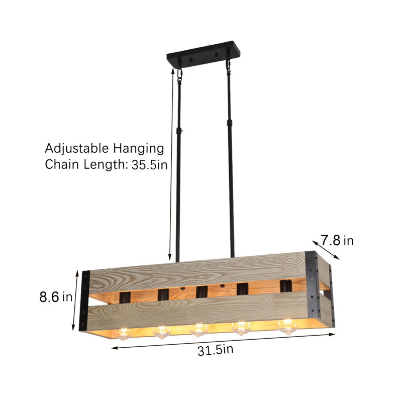 Lustre rectangulaire à 5 lumières pour îlot de cuisine, Bois