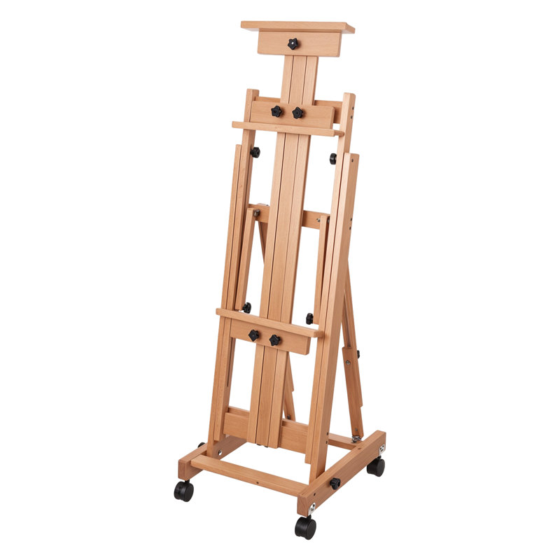 H Frame Easel, Multi-Function Studio Easel, Solid Beech Wood Easel, Height Adjustable Painting Canvas Holder Stand,Tilts Flat Artist Easel with Locking Caster Wheels
