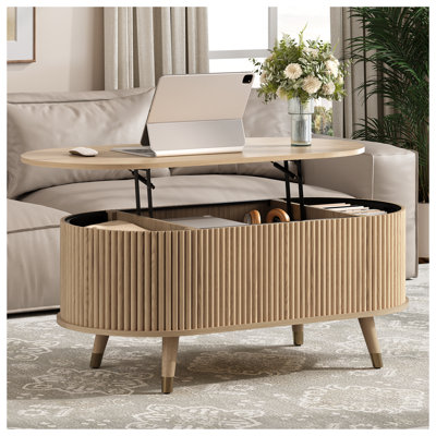 42.5" Oval Lift Top Coffee Table With Storage, Mid Century Modern Oak Center Table With Fluted Panel, Solid Wood Legs & Hidden Compartment For Living Room
