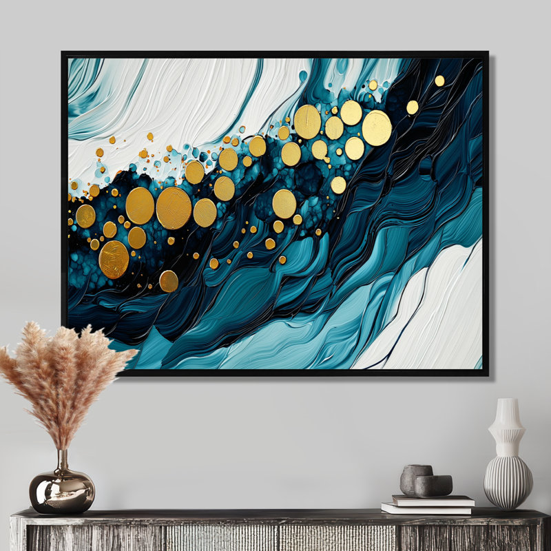 Abstrait aqua Pulse of the Ocean IV - art mural abstrait, H 12 po x l 20 po, Avec cadre, Noir