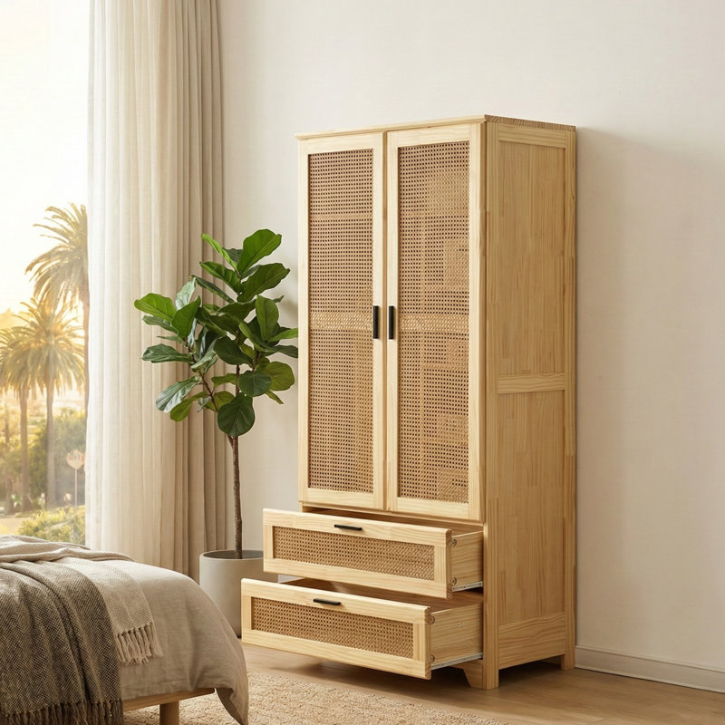 Armoire en rotin massif avec 2 tiroirs, Naturel