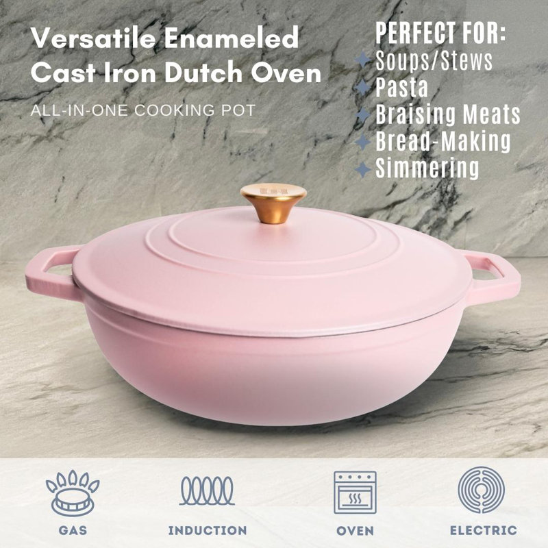 Lexi Home 5 qt. Enameled Cast Iron Round Braiser, Matte Dusty Pink