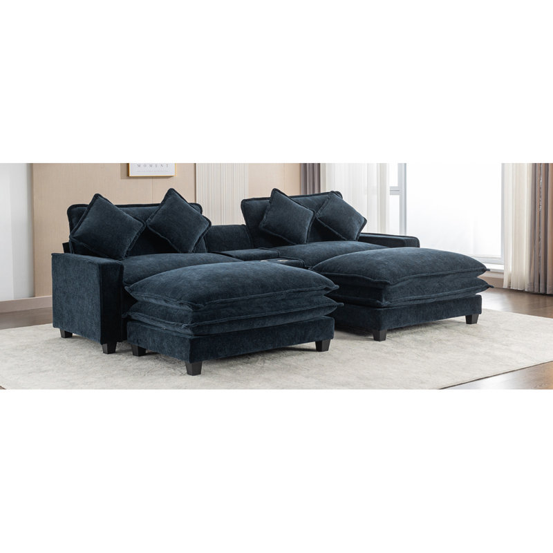  Canapé modulaire en chenille avec deux repose-pieds amovibles, deux ports USB, deux porte-gobelets et une grande boîte de rangement pour le salon 