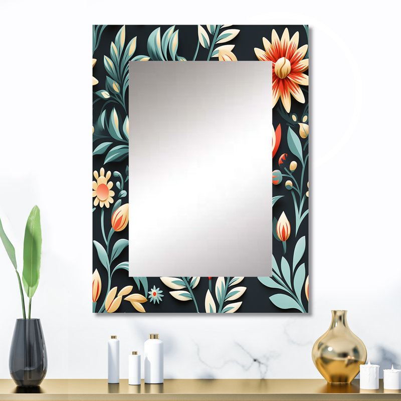 Sylee Tribal Green Damask Accents - damask  Mirror, Boho Unique Wall Mirror, Printed Metal Art, 32" x 24"