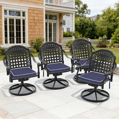 Ensemble de 4 chaises de jardin pivotantes en fonte d'aluminium avec coussins et accoudoirs, noir et bleu