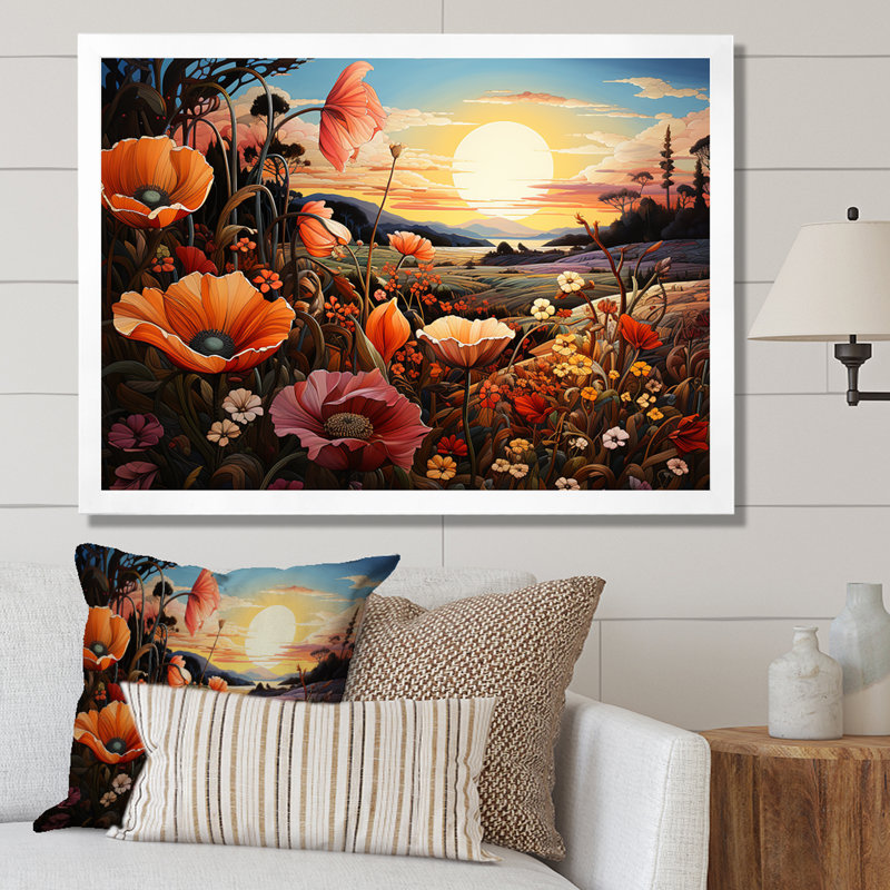 «Orange Crimson Flower S Embrace I», reproduction sur toile, Cadre simple blanc, H 34 po x l 44 po x P 1,5 po