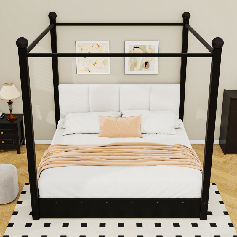 Lit plateforme à baldaquin avec tête de lit tapissier, Très grand lit, Noir