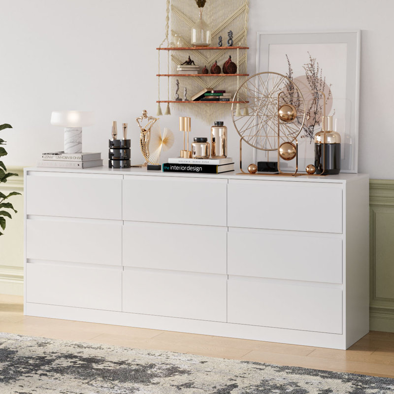 Très grande commode à 9 tiroirs en bois, l 70,9 po de long avec 9 tiroirs, Blanc