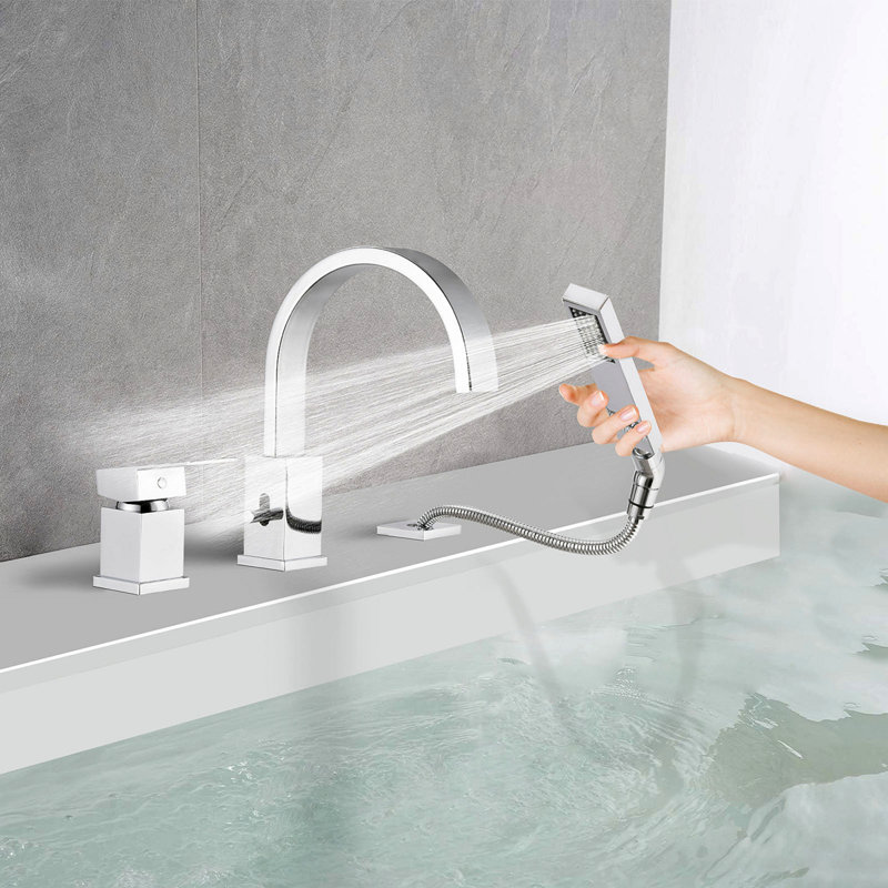 Waterfall Bathtub Faucet With Sprayer, 3-Hole Roman Tub Filler With Hand Shower Deck Mount Waterfall Tub Spout Set, Chrome