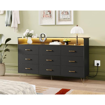 9-Drawer Dresser with RGB Lights & Charging Station, App Controlled Music Sync LED Dresser