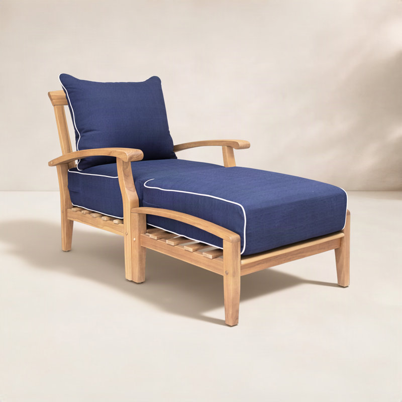 Repose-pieds en teck avec coussin Summerton, Naturel, Passepoil bleu marine et blanc