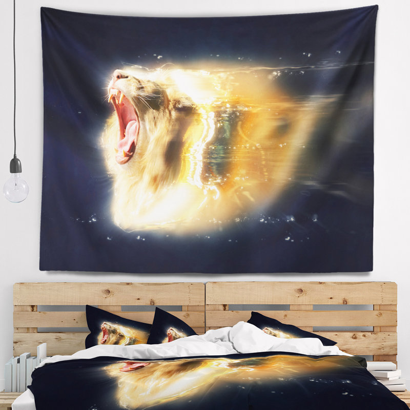 Lion blanc avec tapisserie jaws ouvert, H 32 po x l 39 po