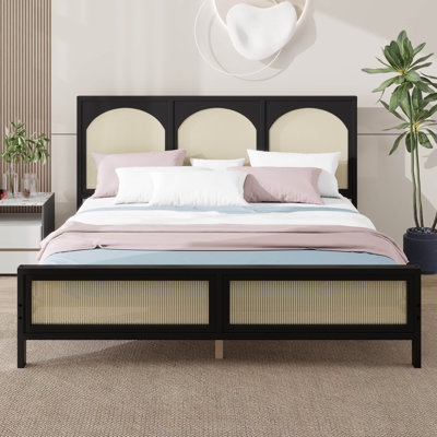 King Size Wood Platform Bed With Rattan Headboard And Footboard, Strong Slats Support, No Box Spring Needed