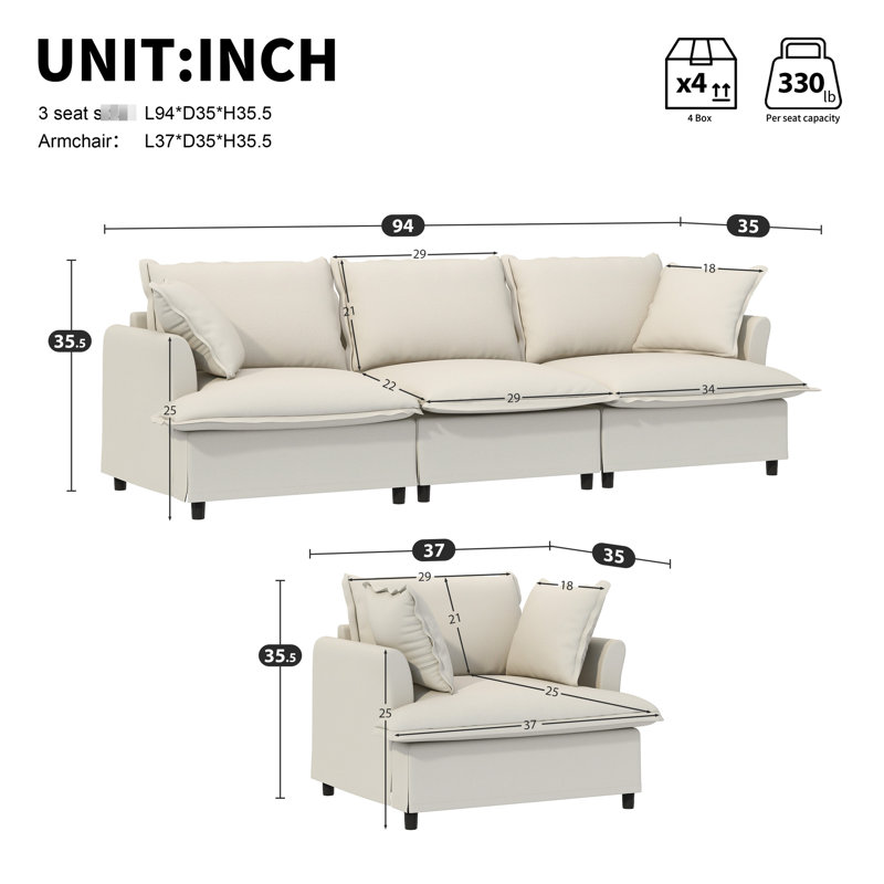 4 sièges avec revêtement en chenille, 3 places et fauteuil, coussins décoratifs, pour chambre à coucher, appartement, bureau, configuration pratique