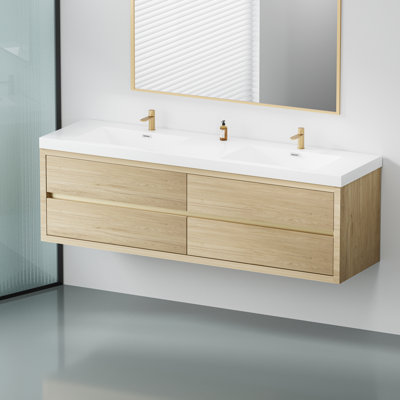 »Meuble-lavabo mural avec lavabo, armoire de rangement flottante, comptoir en résine de pierre, tiroirs à fermeture en douceur, finition chêne naturel