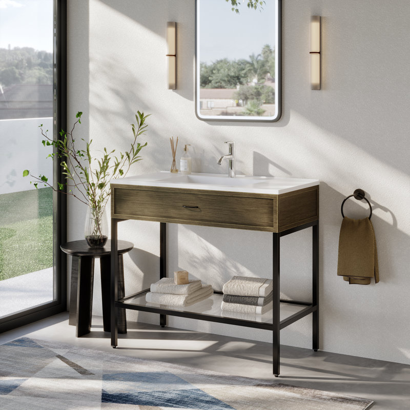 37" Modern Matte Black Stainless Steel Base Bathroom Vanity with Integrated Sink, Decorative Drawer, Tempered Glass Shelf for Contemporary Spaces