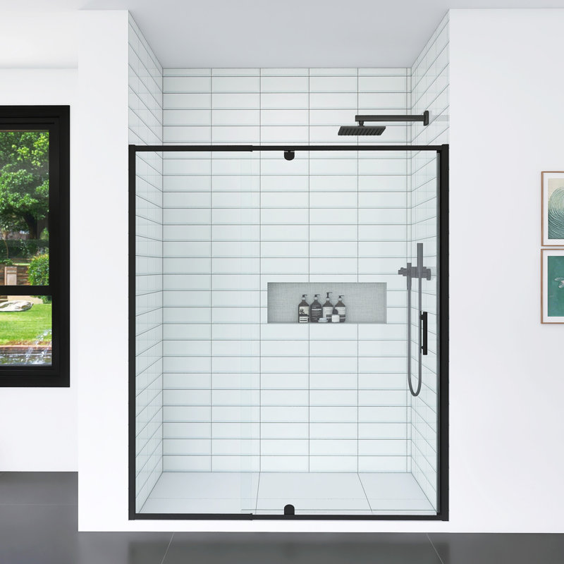 Porte de douche coulissante à cadre pivotant avec verre trempé, Noir mat