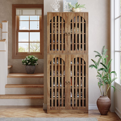 36 Pairs Farmhouse Shoe Storage Cabinet With 4 Slatted Doors & 9 Shelves For Entryway