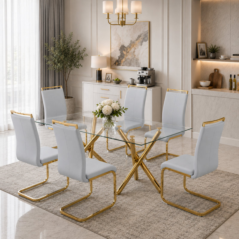 7-Piece Modern Glam Tempered Glass Dining Set with Gold X-Base and Faux Leather Cantilever Chairs, Light Gray/Gold, Gold