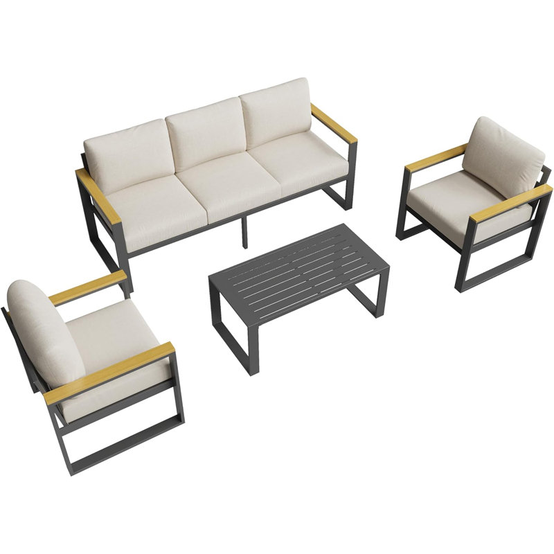Ensemble de conversation de patio 4 pièces en aluminium avec table basse, canapé d'extérieur 5 places avec coussins lavables pour balcon, jardin, terrasse, cour