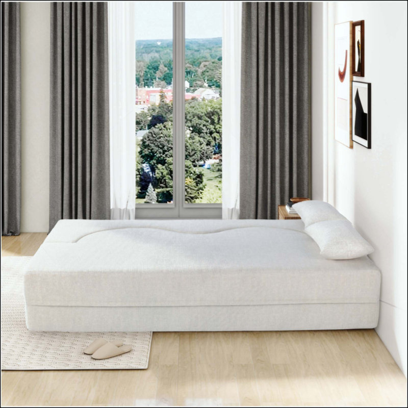 Canapé-lit 2-en-1 pliable, canapé-lit convertible sans dossier pliable, canapé-lit en mousse à mémoire de forme et rembourrage en fausse fourrure avec 2 coussins pour le salon