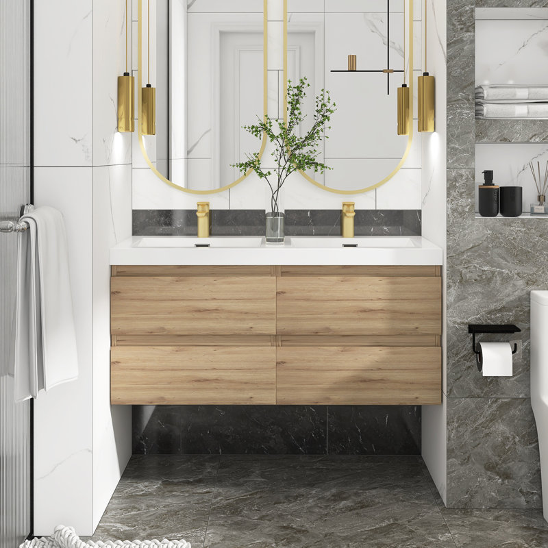 Manthan 48'' Double Bathroom Vanity with Resin Top, Oak