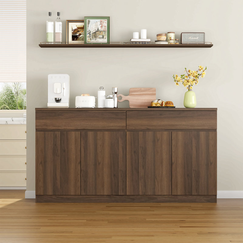 Buffet de 63,1 po avec rangement, grande armoire de rangement avec 2 tiroirs et 4 portes, table basse en bois pour la salle à manger, noyer