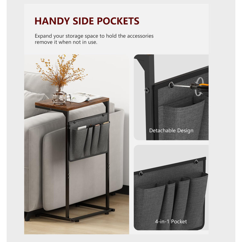 C Shaped End Table, Side Table For Couch And Recliner, Sofa Tray Desk With Storage Bag