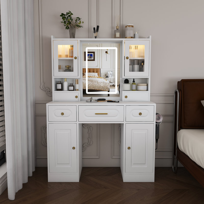 Grande coiffeuse avec miroir, 6 tiroirs et tablettes