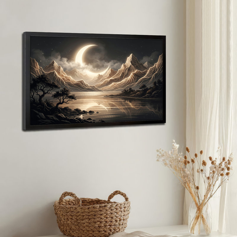 Art mural sur toile noir encadré pour le salon, la chambre à coucher, le bureau ou le vestibule - Décoration murale décorative avec montagnes au clair de lune