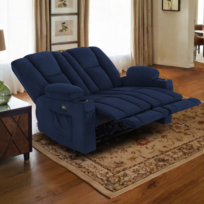 Electric Reclining Loveseat Sofa with Heat and Massage, Cup Holders, USB Charge Port, Navy Blue Polyester Blend