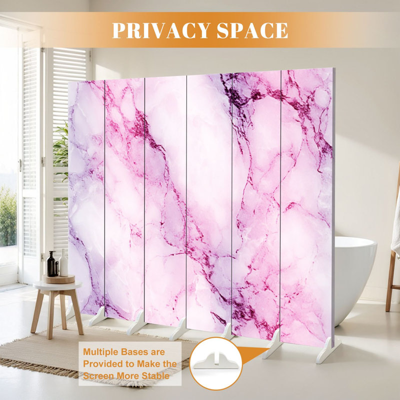 Paravent pliant à 6 panneaux, séparateur de pièce en toile à veinures abstraites de marbre rose royal et blanc magenta, cloison de protection autoportante pour plus d'intimité