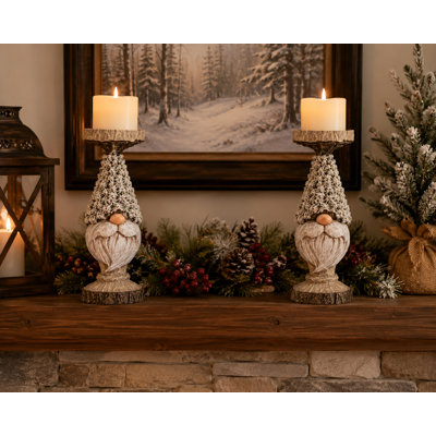 Set of 2 Woodland Gnome Candle Holders with Flocked Tree Hat